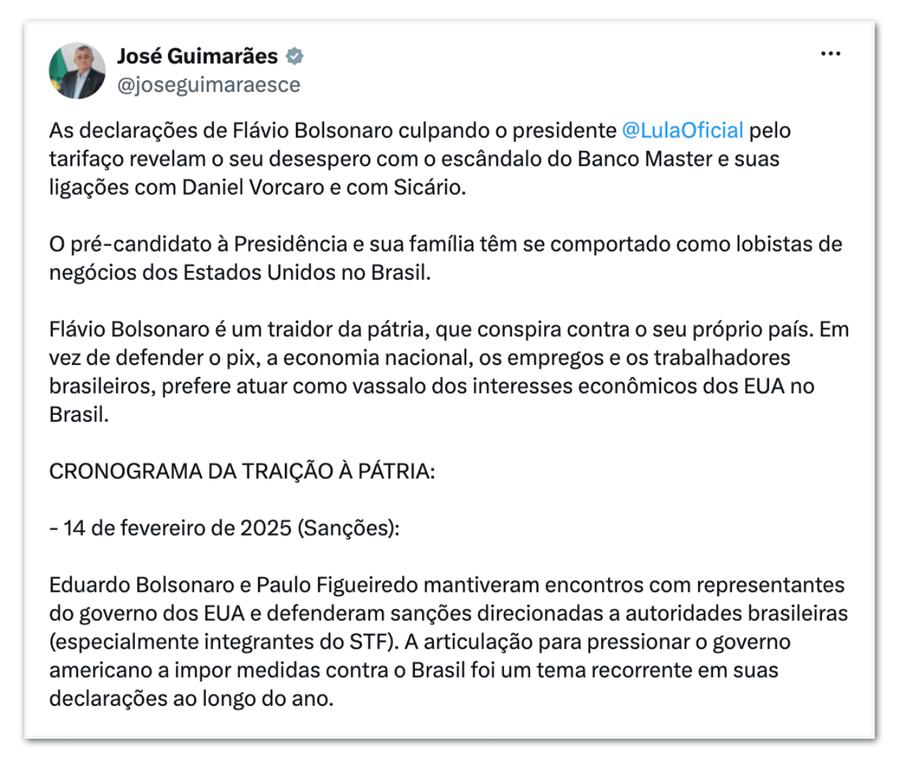 Flávio culpa Lula pelo tarifaço por desespero com Master, diz Guimarães