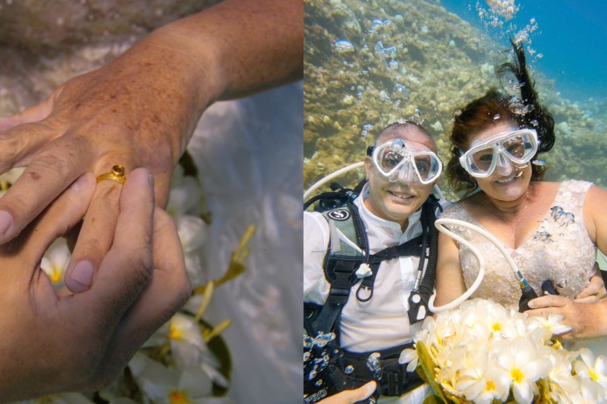 Casal transforma paixão por mergulho em casamento subaquático