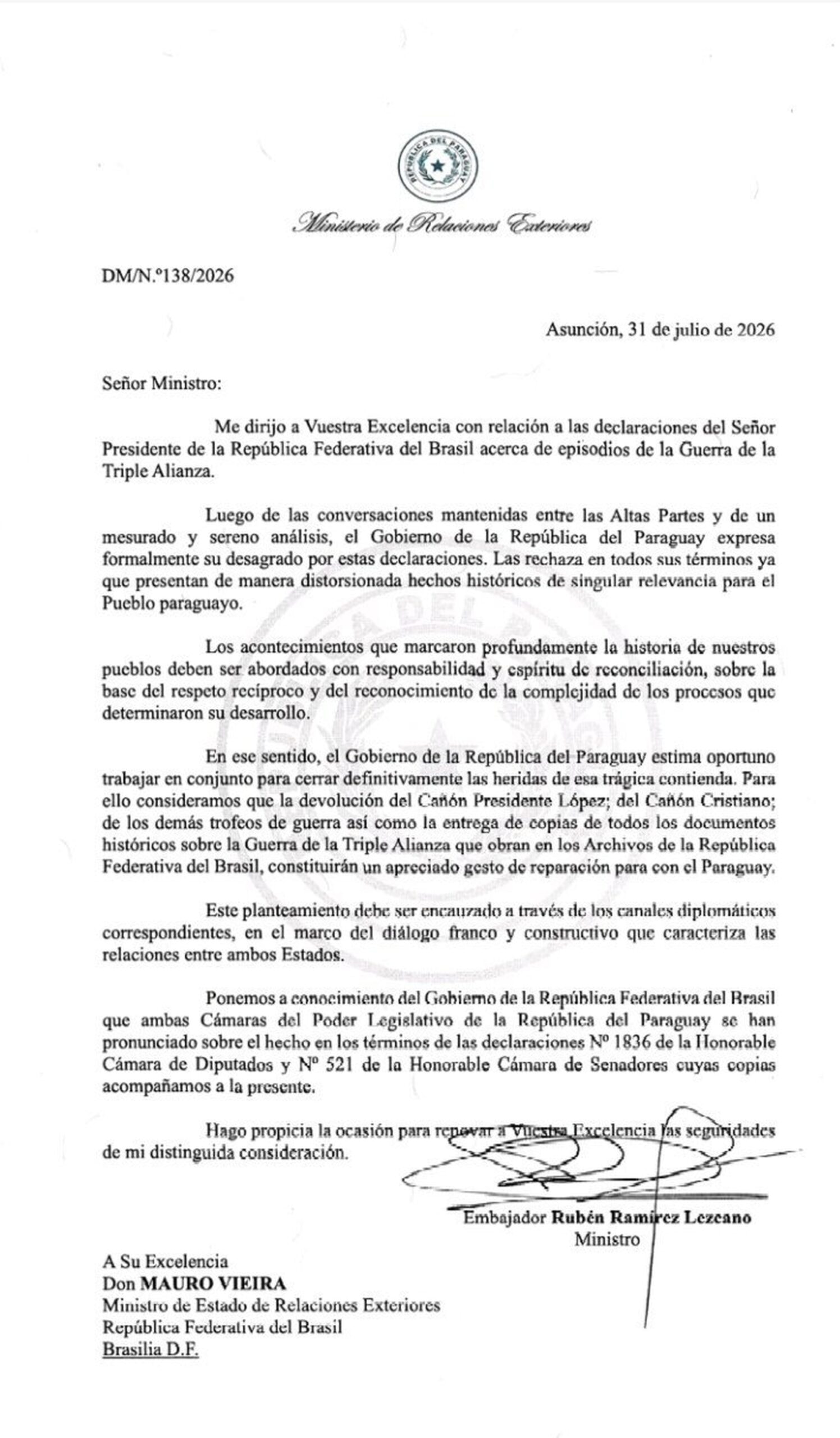 Veja a íntegra da nota de repúdio do Paraguai sobre fala de Lula