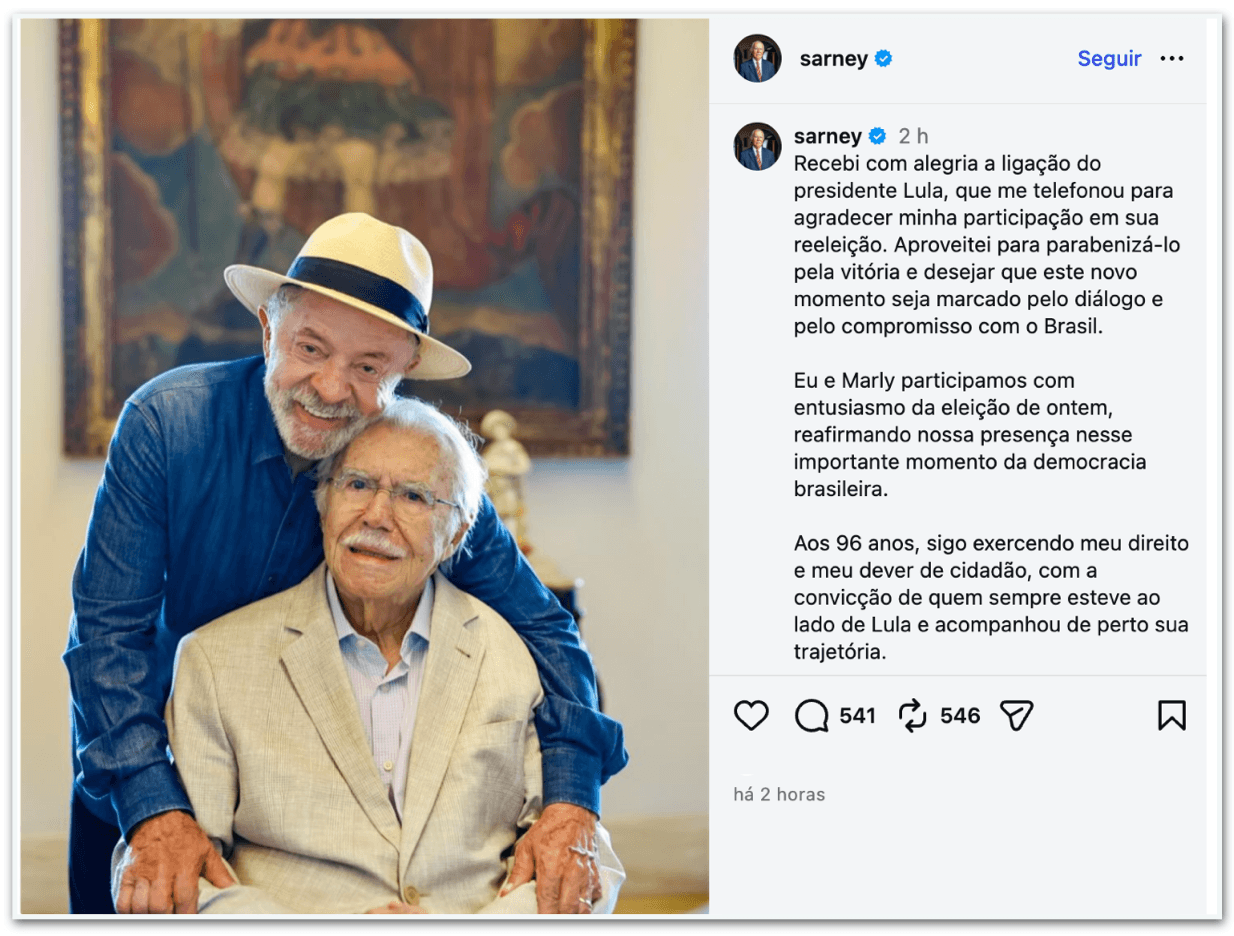 Lula telefona a Sarney para agradecer apoio na eleição