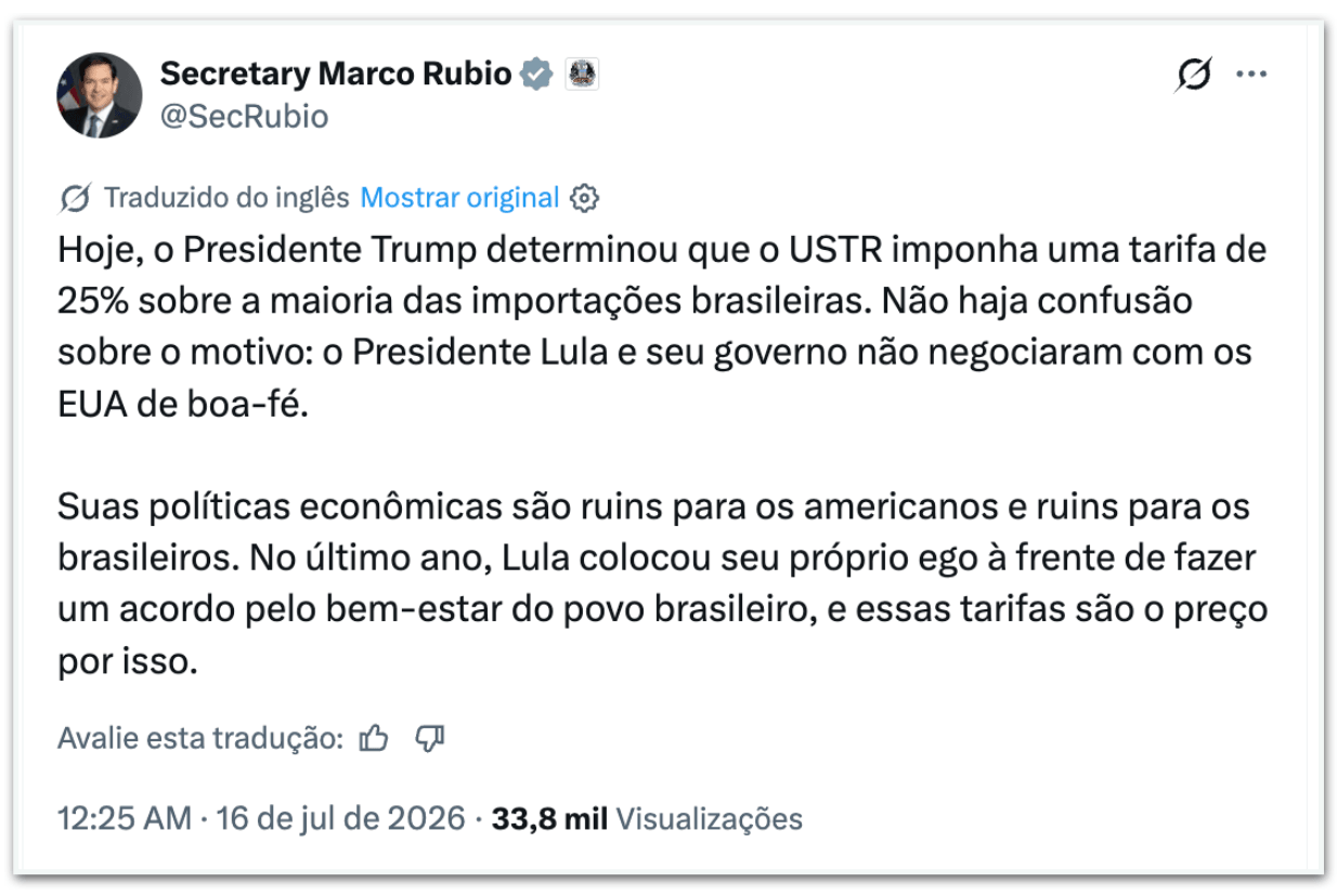 Lula colocou ego à frente do povo brasileiro, diz Rubio sobre tarifas