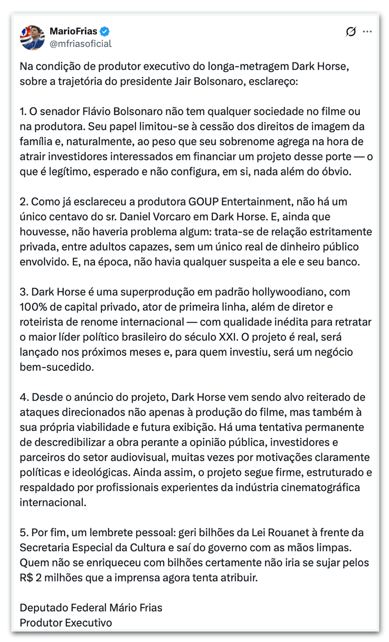 Mario Frias nega verba de Vorcaro em filme de Bolsonaro