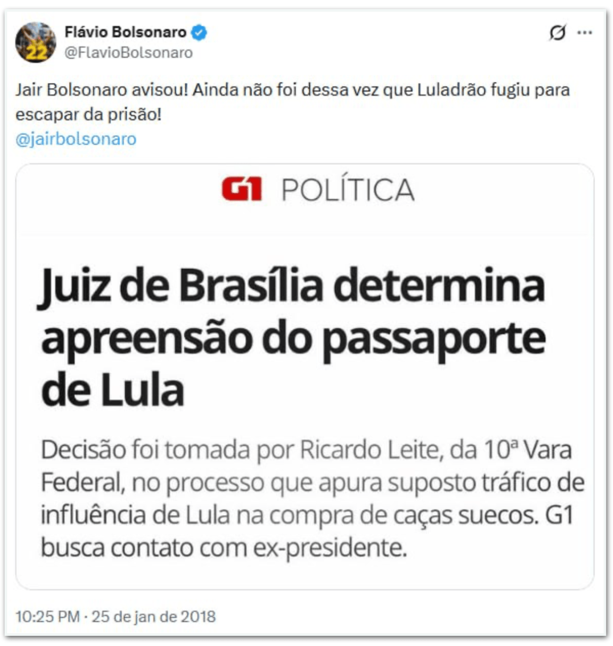 Em 2018, Flávio comemorou apreensão do passaporte de Lula