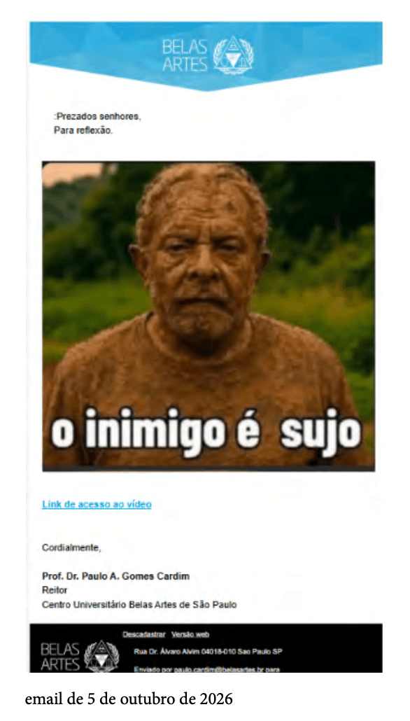 Reitor da Belas Artes usa e-mail institucional para criticar Lula