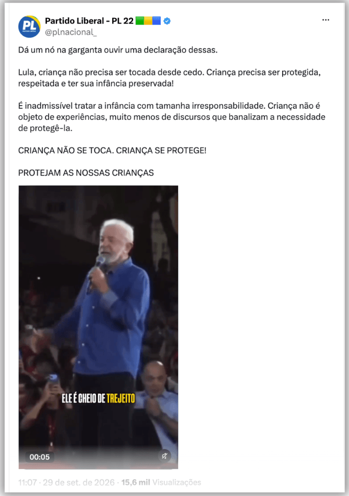 PL critica fala de Lula sobre mulheres: “Dá um nó na garganta”