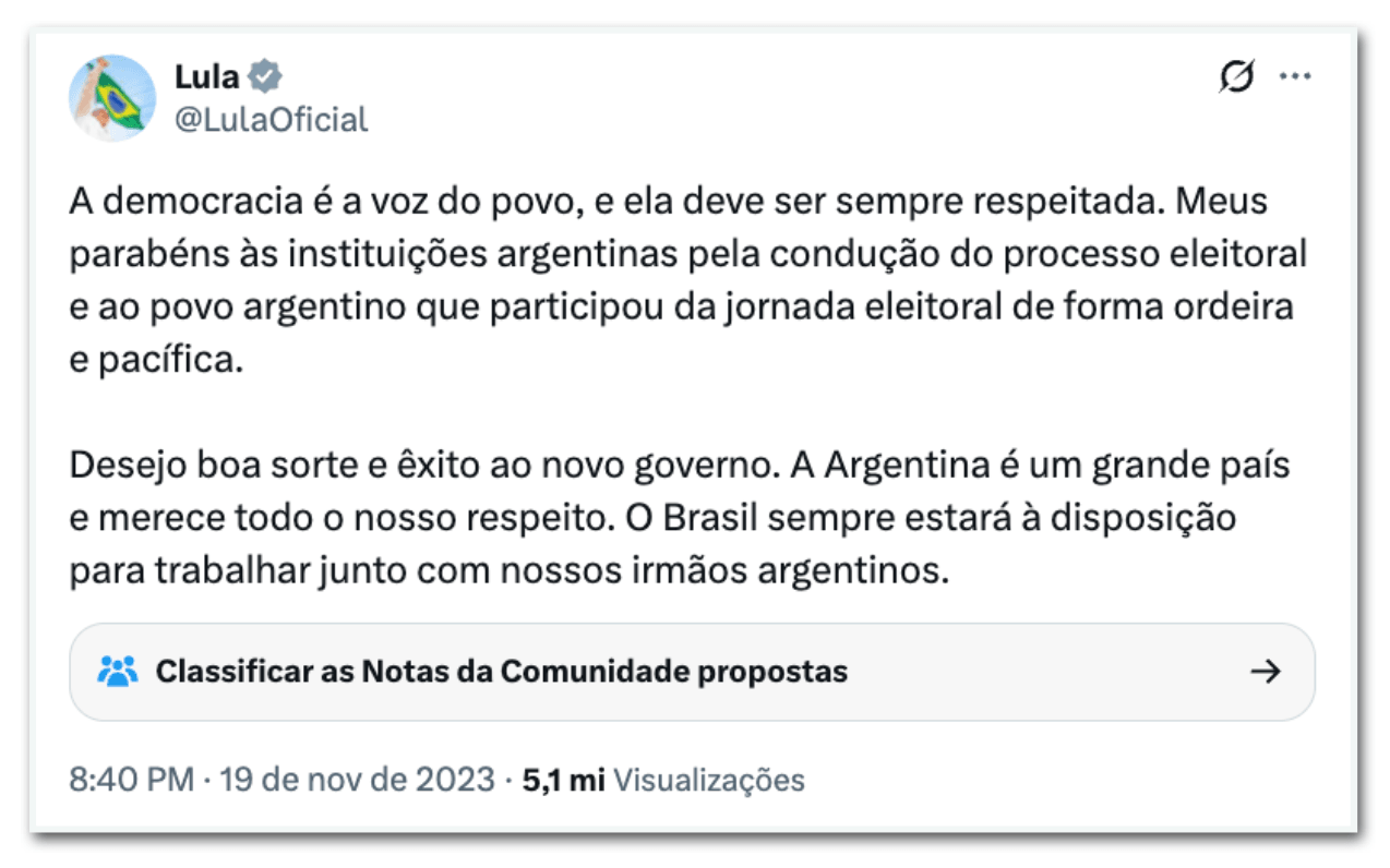 Governo Milei diz que não vai se manifestar sobre vitória de Lula