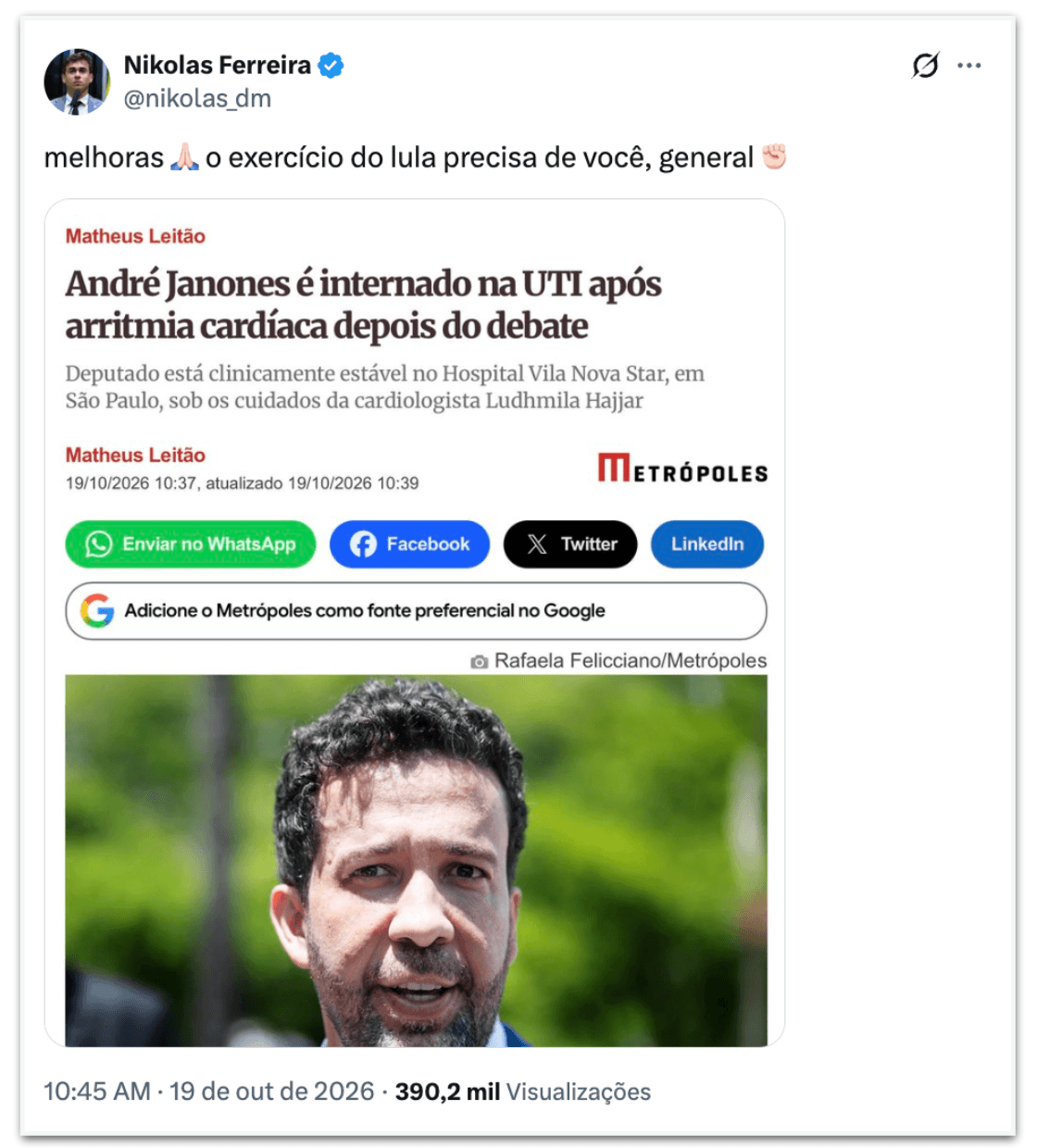 Nikolas ironiza Janones doente: “O exercício do Lula precisa de você”