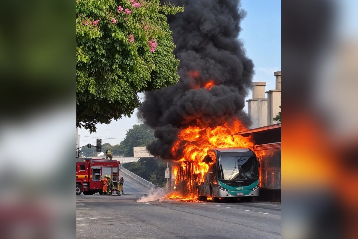 Ônibus pega fogo e chamas atingem estação no Centro de BH; rua é fechada
