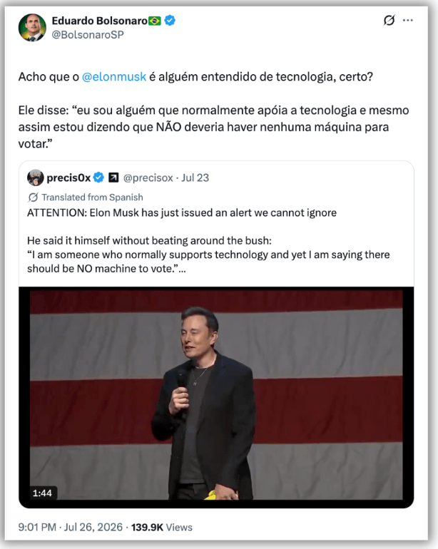 Eduardo Bolsonaro critica urna eletrônica com vídeo de Elon Musk