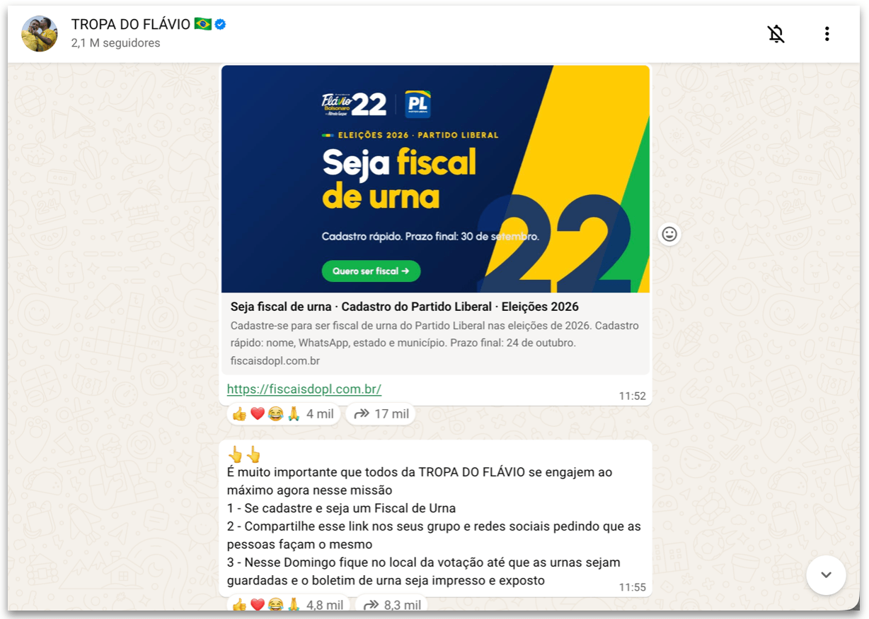 Tropa do Flávio pede que apoiadores se cadastrem como fiscais de urna