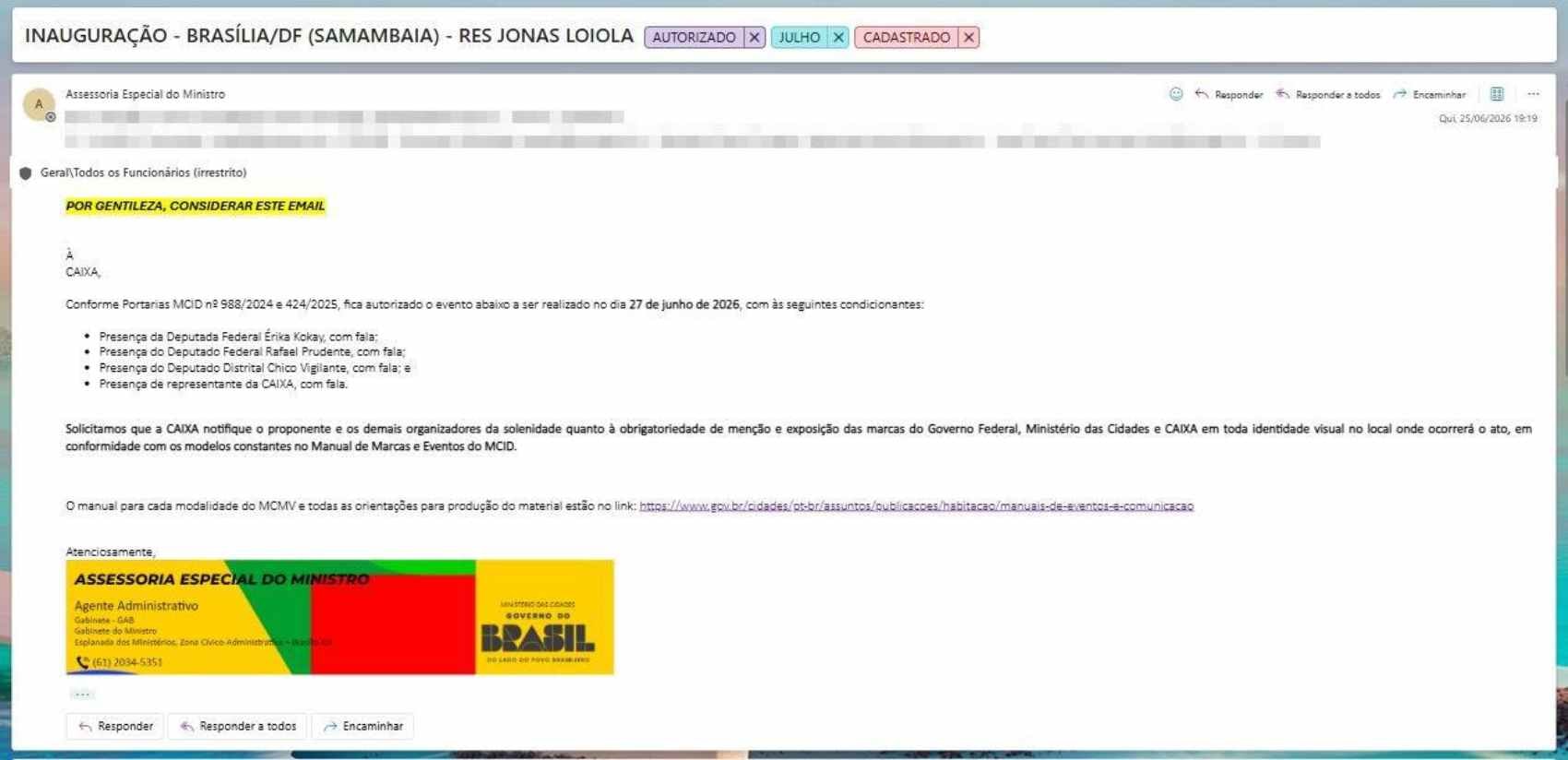 Ministério exige que deputados do PT e MDB falem em evento do GDF