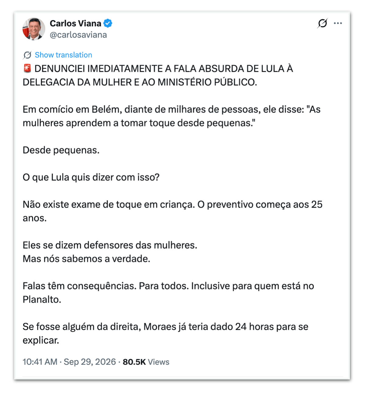 Viana envia ação contra Lula por fala sobre “toque” e mulheres