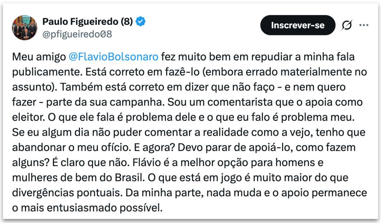 Paulo Figueiredo mantém apoio a Flávio mesmo após repúdio