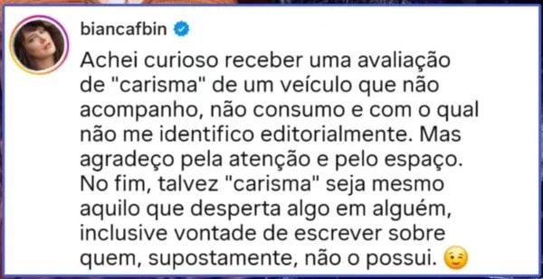Bianca Bin rebate após aparecer em lista de famosos “sem carisma”