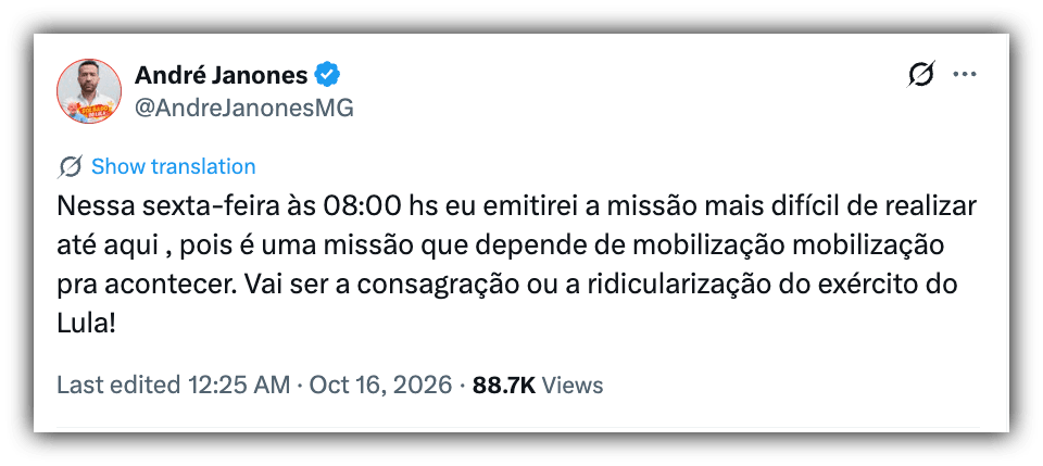 Janones convoca Exército do Lula a postar foto de verde e amarelo