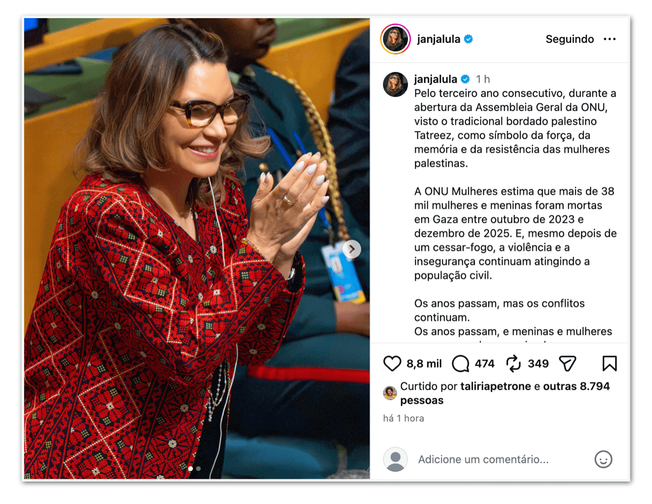 Janja usa casaco com bordado palestino pela 3ª vez na ONU