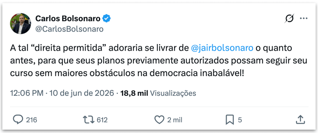 “Direita permitida adoraria se livrar de Jair”, diz Carlos Bolsonaro