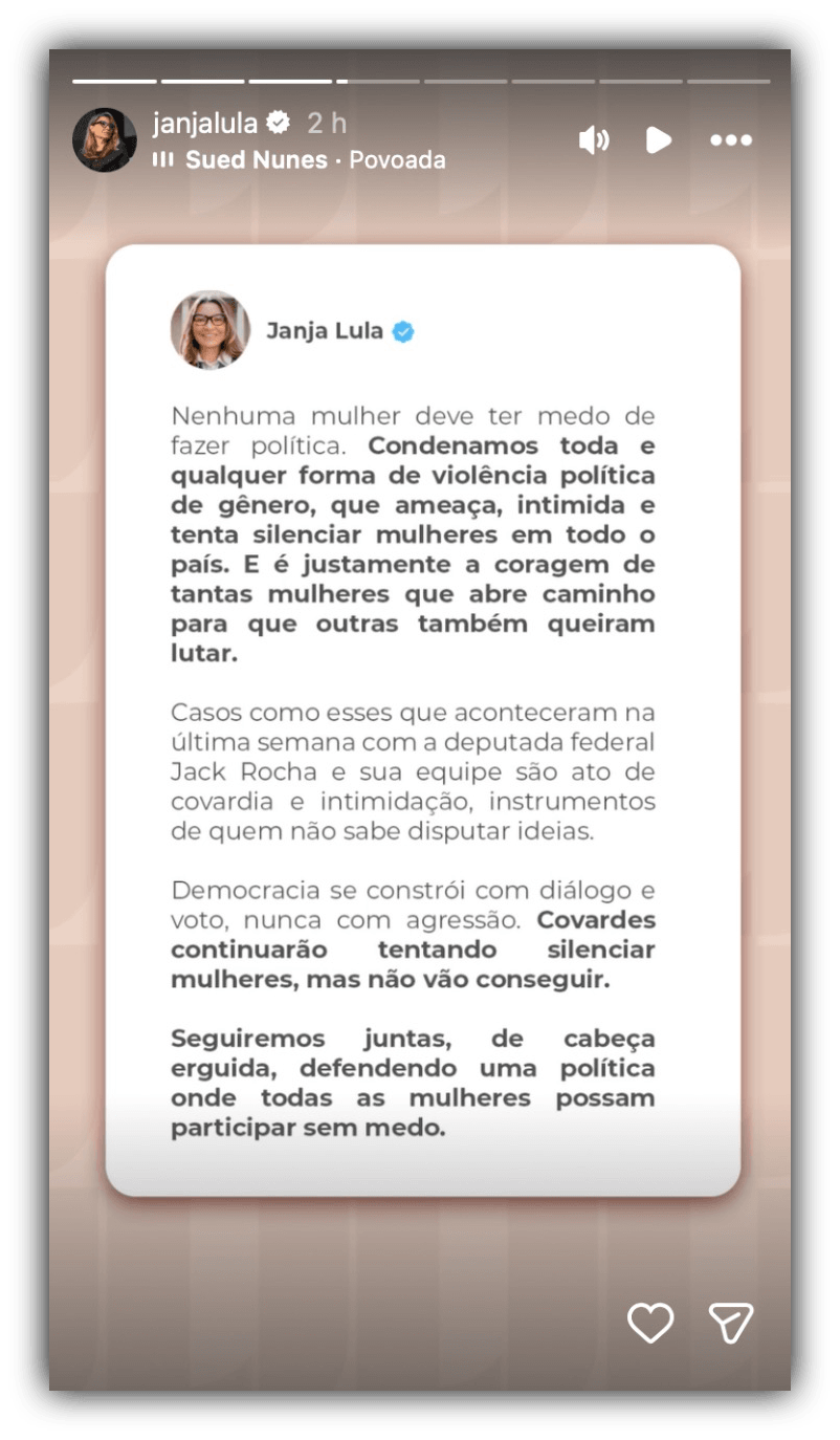 Janja diz que mulheres não devem ter medo de fazer política