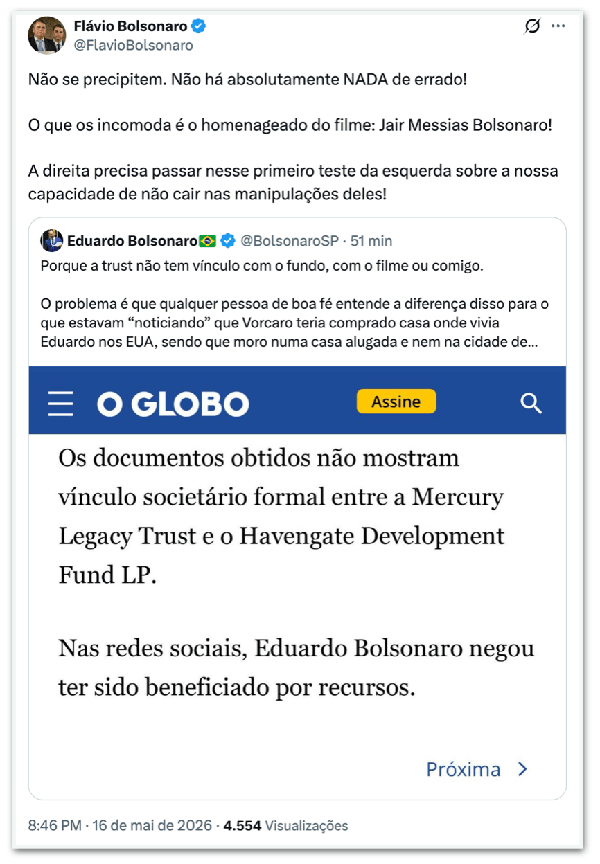 Flávio Bolsonaro diz que não há nada errado com filme sobre Jair