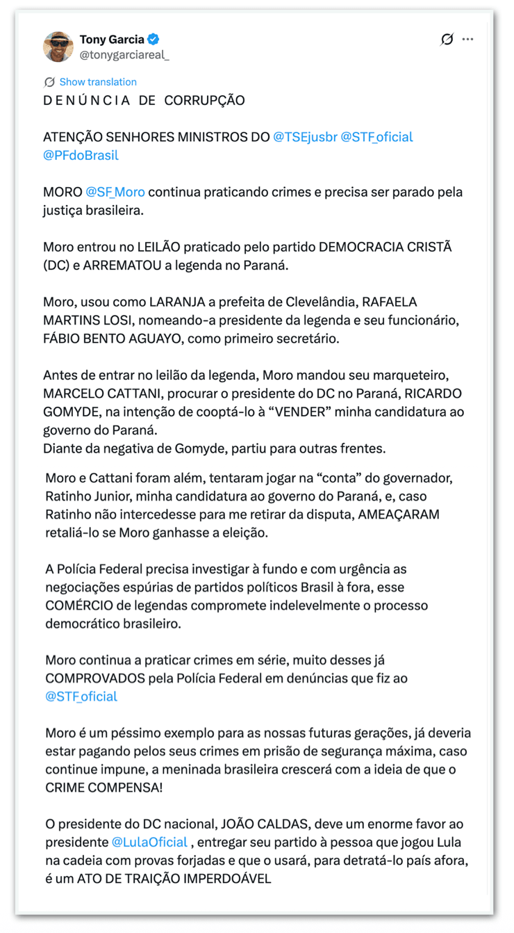 Tony Garcia diz que Moro impediu sua candidatura ao governo do PR