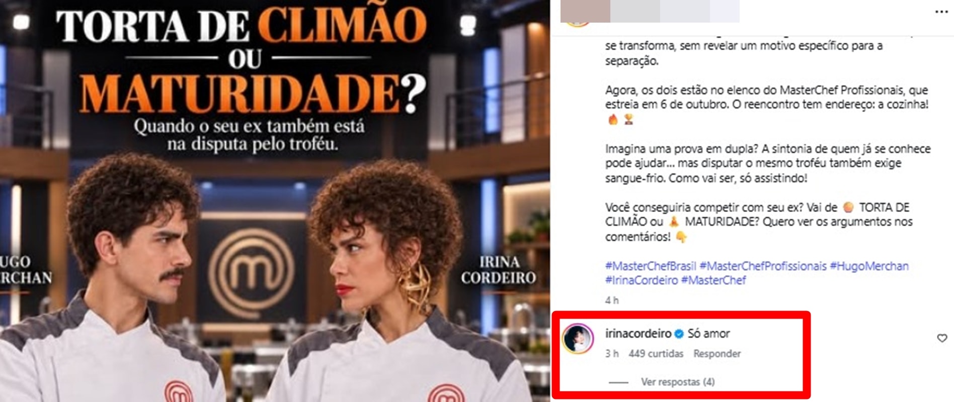 Masterchef: Irina Cordeiro reage a especulação de "climão" com Hugo Merchan