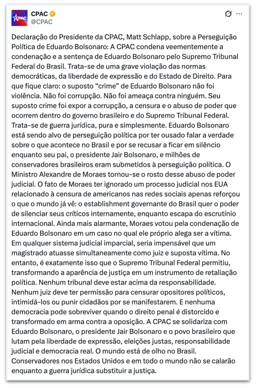 Líder conservador critica condenação de Eduardo Bolsonaro pelo STF