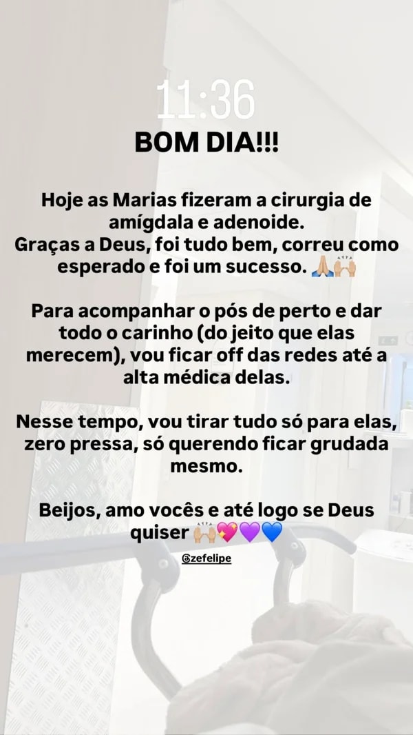 Zé Felipe e Virginia aparecem juntos após cirurgia das filhas; veja