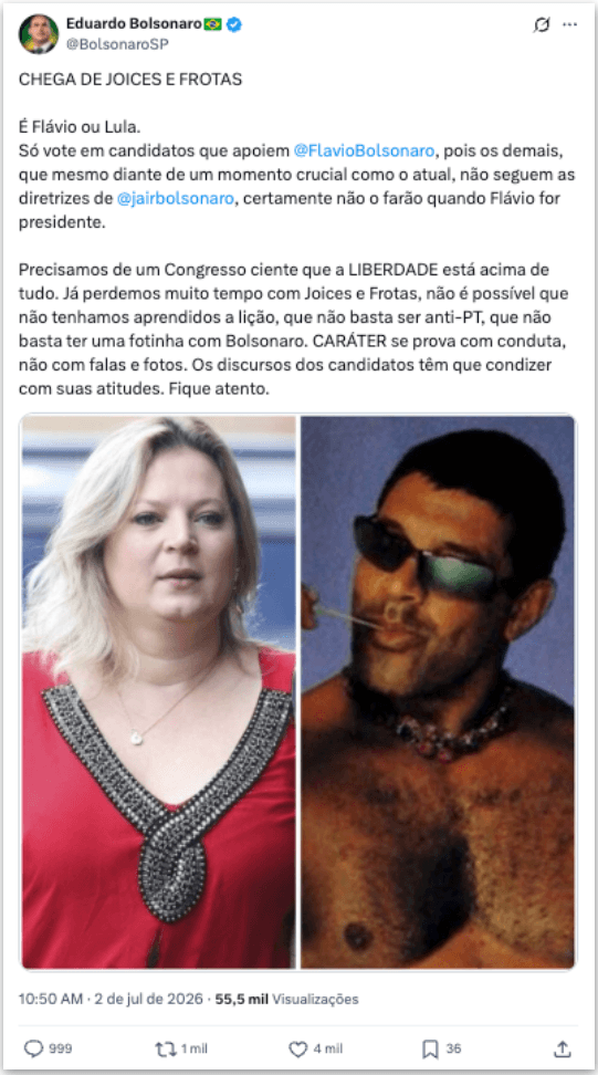 Eduardo Bolsonaro diz que não basta ser anti-PT: “É Flávio ou Lula”