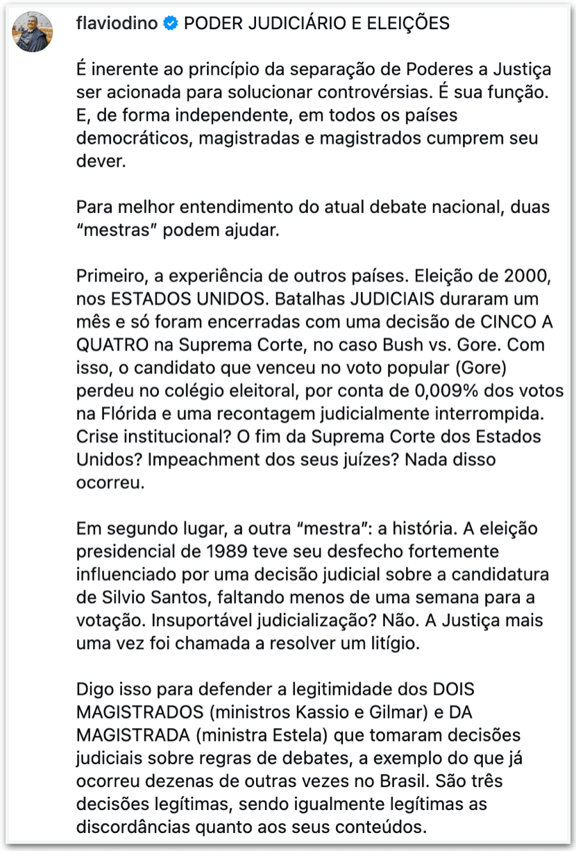 Dino defende legitimidade de decisões judiciais sobre debate da “Globo”