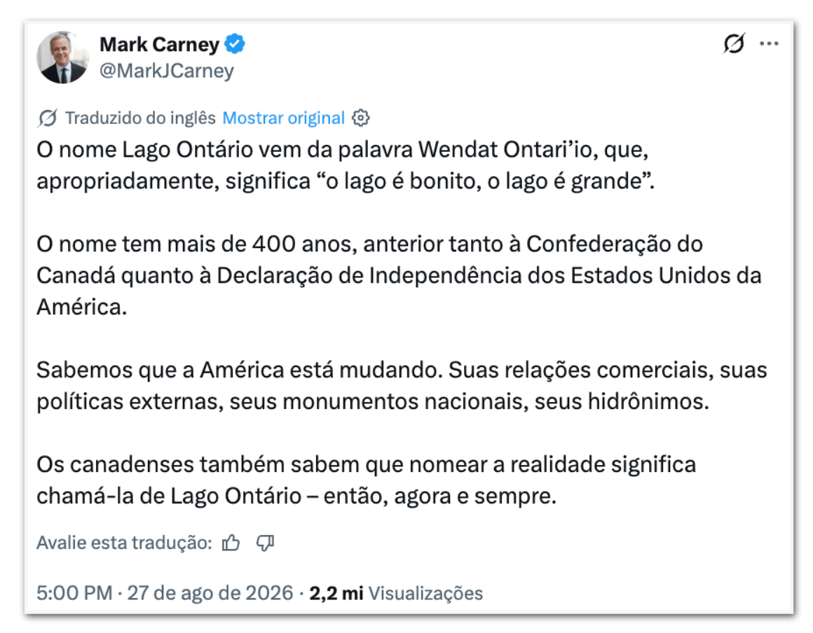 Canadá rejeita renomeação do Lago Ontário para “Lago América”