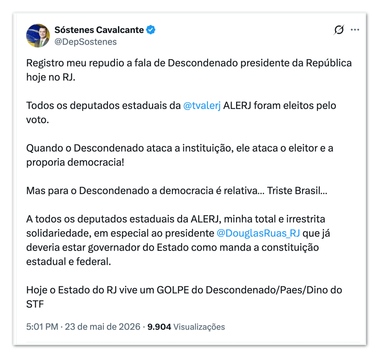 Sóstenes critica fala de Lula que associou Alerj a milicianos