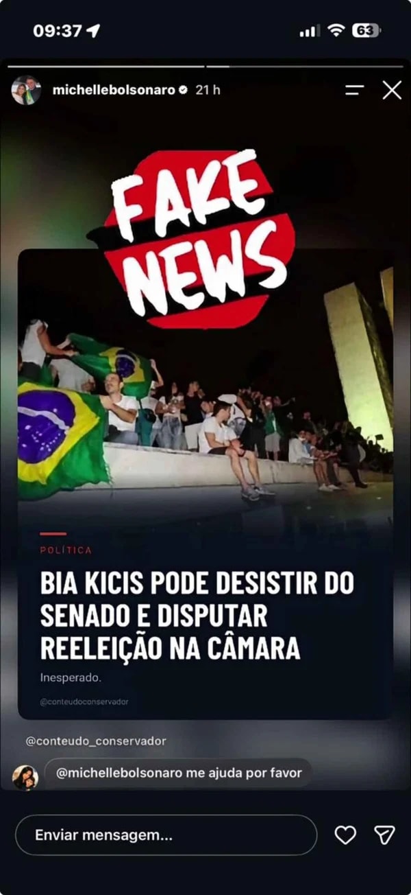 Michelle Bolsonaro diz que desistência de Bia Kicis é fake news