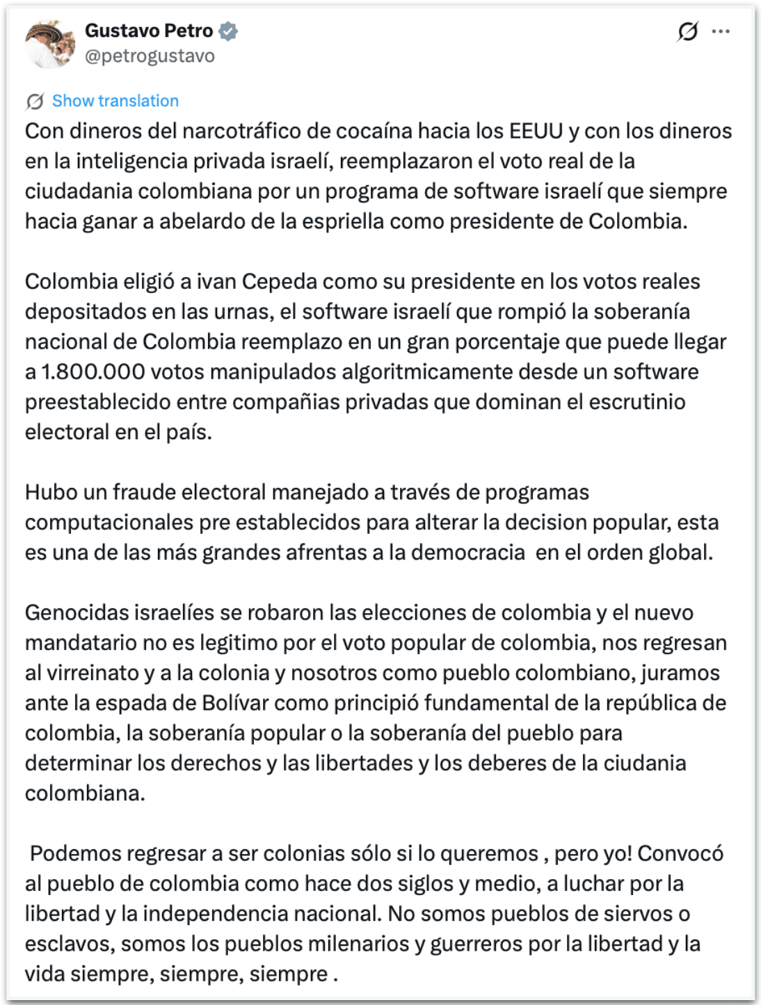 Petro diz que EUA e Israel fraudaram eleição na Colômbia