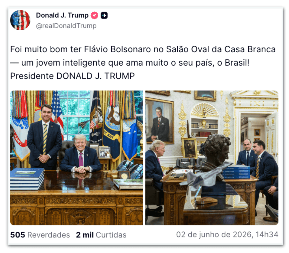 Trump posta foto com Flávio depois de anunciar tarifa ao Brasil