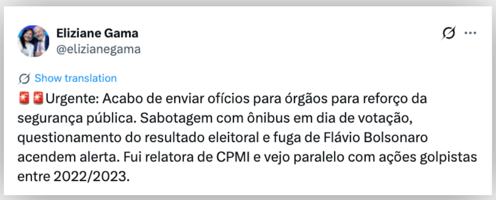 Eliziane Gama pede reforço de segurança em Brasília após eleição