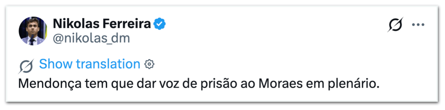 “Mendonça tem que dar voz de prisão a Moraes em plenário”, diz Nikolas