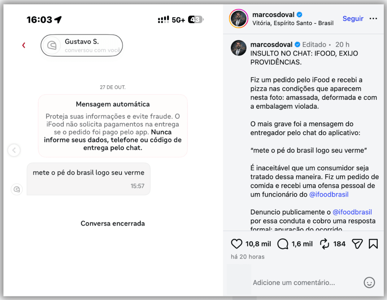 Marcos do Val diz ter sido insultado por entregador do iFood