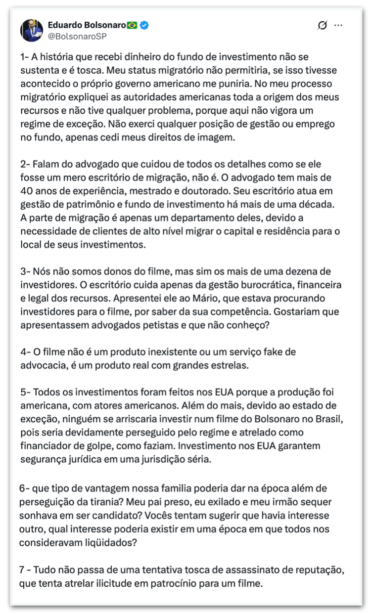 Eduardo nega ter recebido dinheiro de fundo ligado a Vorcaro