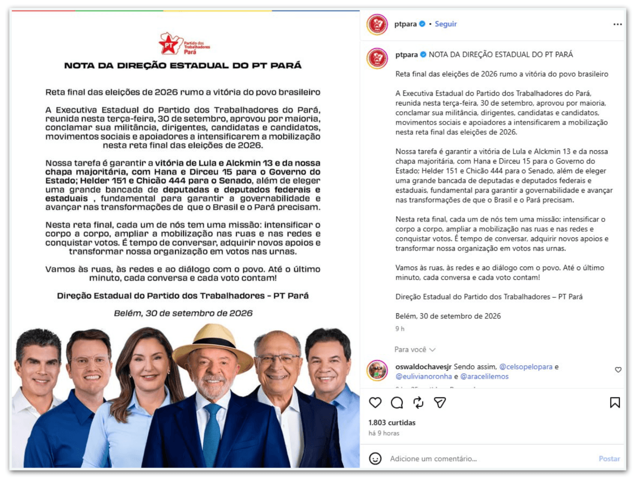PT do Pará endossa candidaturas de Helder e Chicão ao Senado
