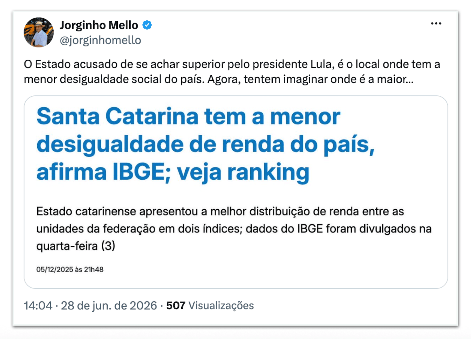 Jorginho Mello responde Lula sobre “senso de grandeza” de SC