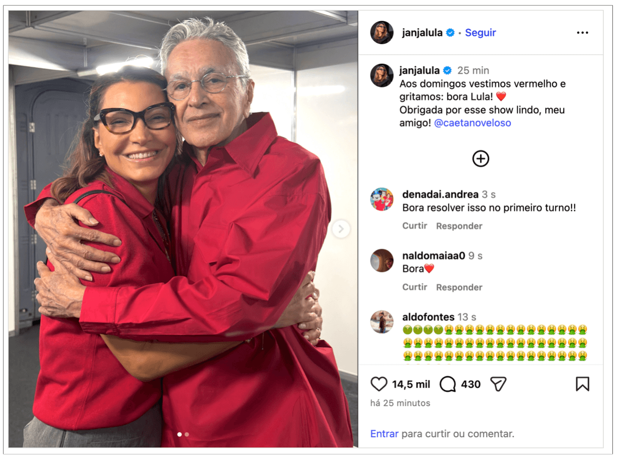 Caetano Veloso declara novamente apoio a Lula para presidente