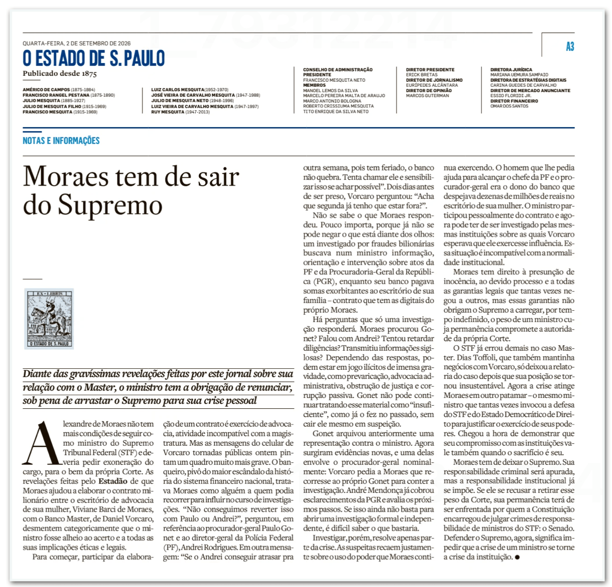 “Estadão”, “Folha” e “Globo” defendem saída de Moraes do Supremo