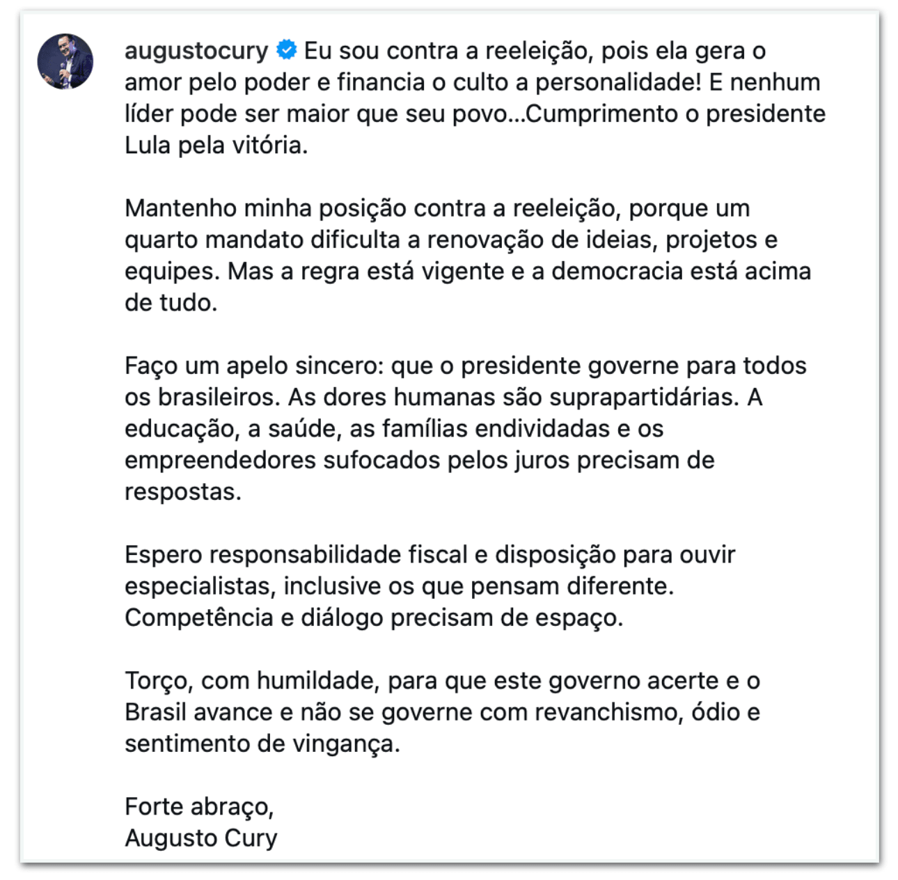 Cury, que declarou apoio a Flávio, cumprimenta Lula pela vitória