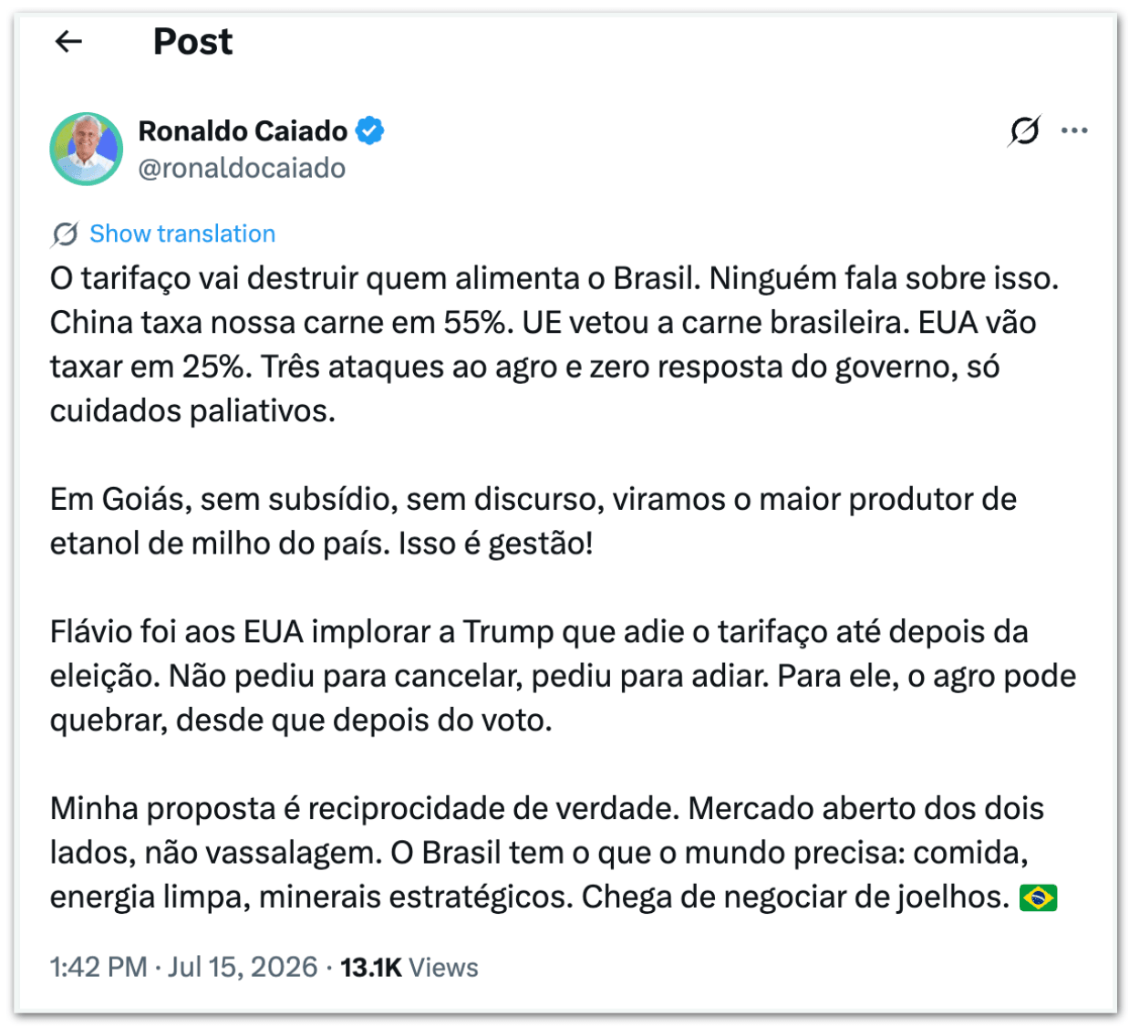 “Tarifaço vai destruir quem alimenta o Brasil”, afirma Caiado
