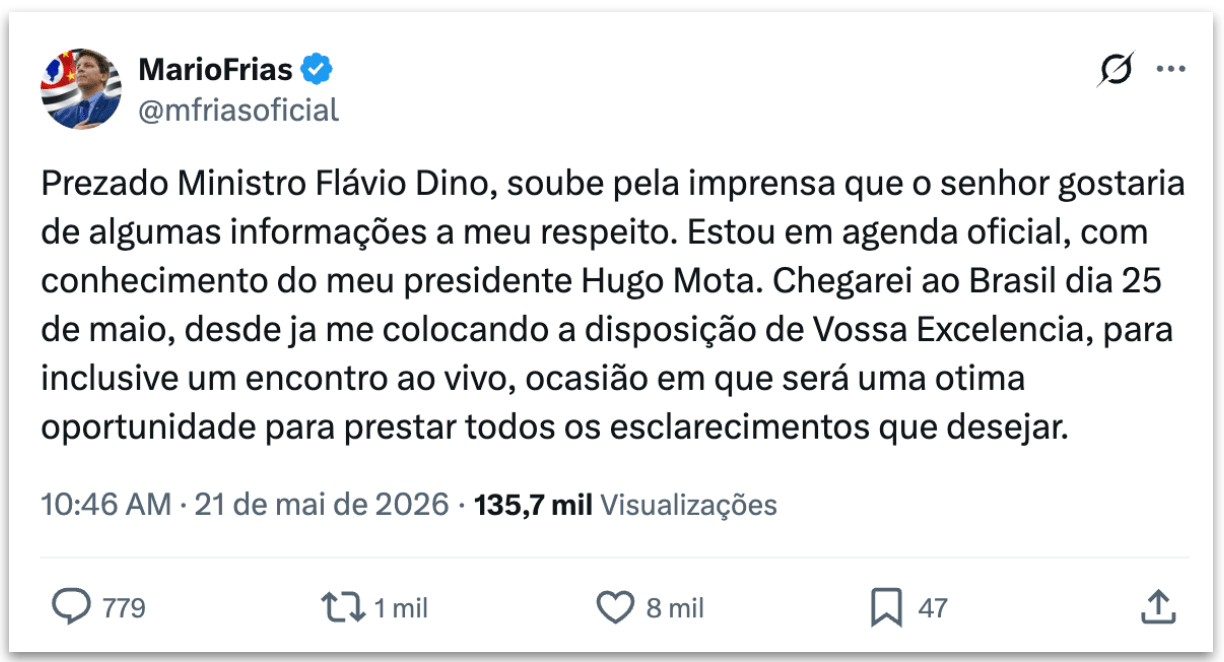 Mario Frias diz a Flávio Dino que chega ao Brasil no dia 25 de maio