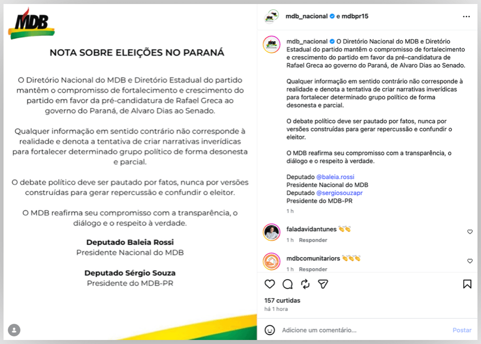 MDB mantém apoio às pré-candidaturas de Greca e Alvaro Dias no Paraná