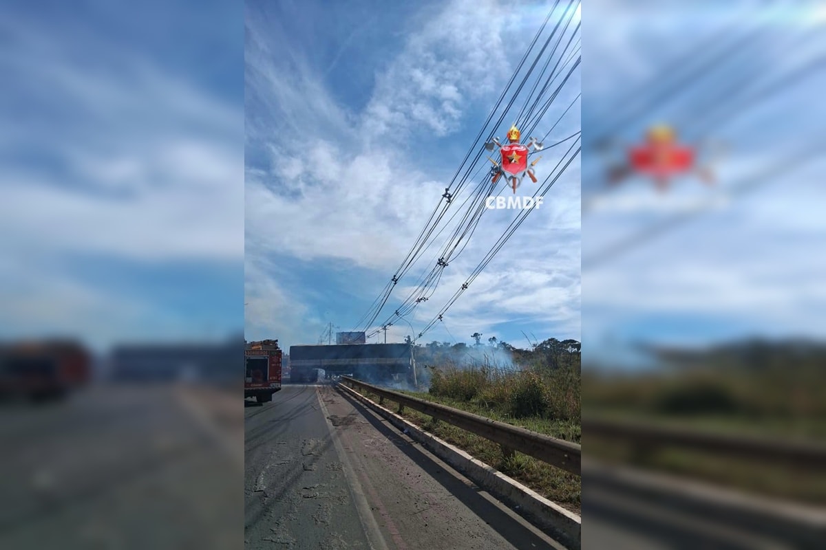 Via que liga Ceilândia a Samambaia é fechada após acidente e incêndio