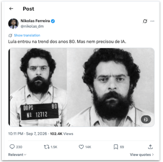 Nikolas posta foto de Lula preso nos anos 1980: “Nem precisou de IA”