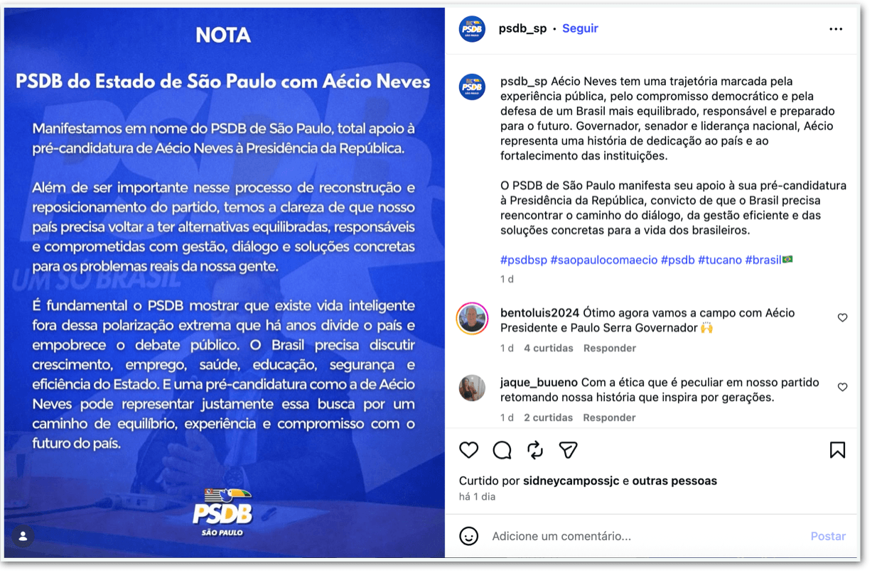 PSDB-SP manifesta apoio à pré-candidatura de Aécio ao Planalto