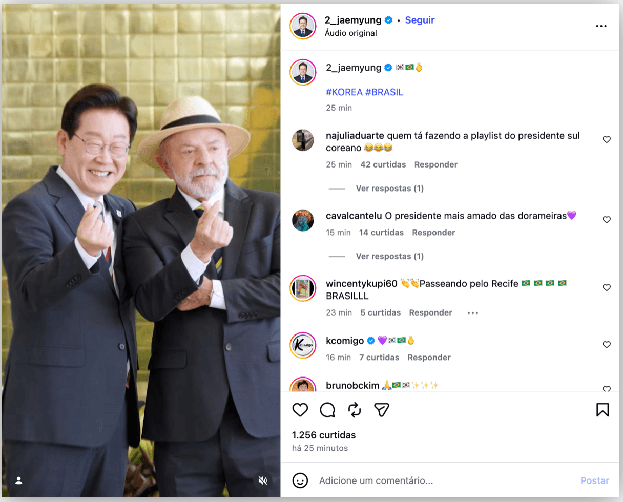 Presidente da Coreia do Sul posta fazendo “coração coreano” com Lula